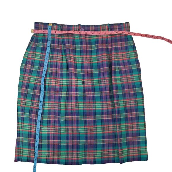 Vintage 90s Talbots Size 14 Linen Green Blue Clueless Preppy Plaid Pencil Skirt - Picture 11 of 12